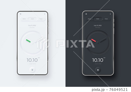 Neumorphic UI kit on smartphone screen. Clock on black and white smartphone template. Mobile interface app. UI template Neumorphic UI kit on smartphone screen. Clock on black and white smartphone template. Mobile interface app. UI template 76849521