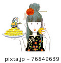 お菓子を持っている黒髪の中国の女の子とお茶をいれるパンダ 76849639