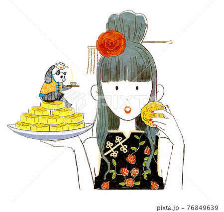 お菓子を持っている黒髪の中国の女の子とお茶をいれるパンダのイラスト素材 お菓子を持っている黒髪の中国の女の子とお茶をいれるパンダのイラスト素材