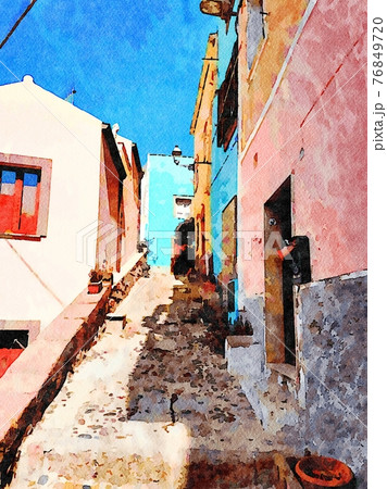 A glimpse of the traditional colorful buildings in a small town near the sea 76849720