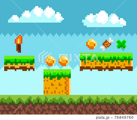 Pixel-game scene with grass, trees and awards for player golden coins, meat bone, torch and leaf 76849760