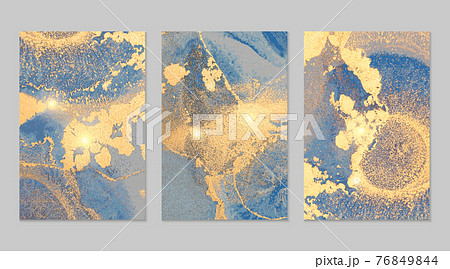 Set of templates for banner, poster design with bright blue and gold marble texture 76849844