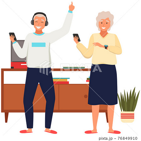 Old people meloman. Modern senior people gadgets. Oldster use smartphone. Old progressive use modern technology 76849910