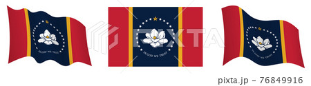 flag of american state of Mississippi in static position and in motion, fluttering in wind in exact colors and sizes, on white background 76849916