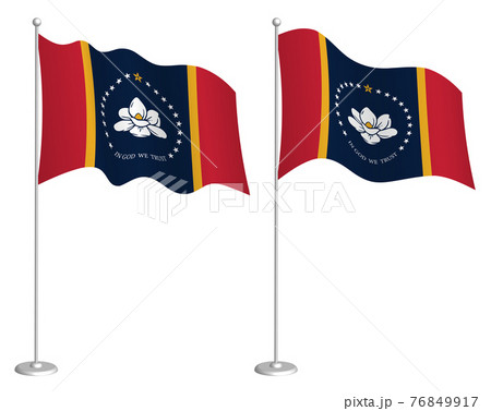 flag of american state of Mississippi on flagpole waving in wind. Holiday design element. Checkpoint for map symbols. Isolated vector on white background 76849917