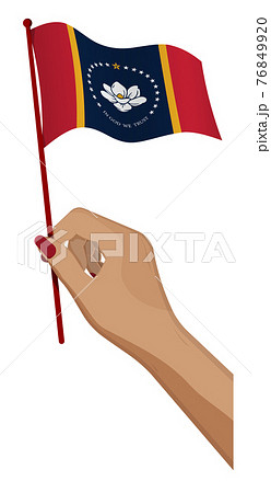 Female hand gently holds small flag of american state of Mississippi. Holiday design element. Cartoon vector on white background 76849920