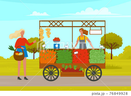 Outdoor farm products store. Woman sells natural vegetables grown in garden, farm organic products 76849928