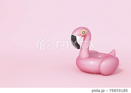 Pink Flamingo float, tropical bird shape inflatable swimming pool ring on pastel pink background 3d rendering. 3d illustration Summer minimal concept. 76850180
