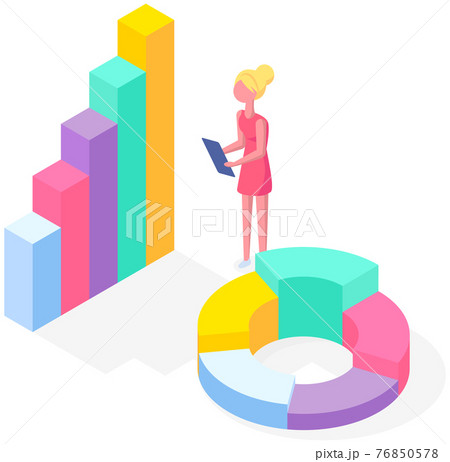 Woman studies statistics shown on bar chart. Female character while working with statistical graph 76850578