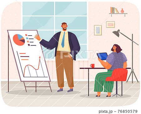 Business meeting or working process. Woman sitting at table with laptop, man explains statistics Business meeting or working process. Woman sitting at table with laptop, man explains statistics 76850579