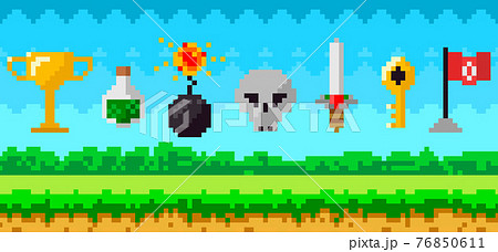 Pixel art game background with reward object in air. Pixel game scene with grass platform and awards Pixel art game background with reward object in air. Pixel game scene with grass platform and awards 76850611