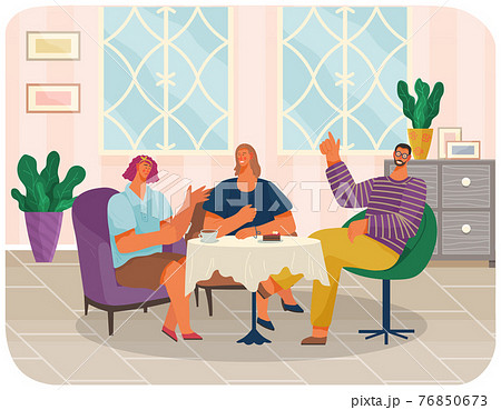 Friends are sitting in cafe or restaurant at table eating cakes and drinking coffee, communicating Friends are sitting in cafe or restaurant at table eating cakes and drinking coffee, communicating 76850673