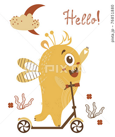 Cute yellow monster boy rides a scooter. Waving a paw - hello. Vector illustration. Childrens collection for postcards, design, decor and printing Cute yellow monster boy rides a scooter. Waving a paw - hello. Vector illustration. Childrens collection for postcards, design, decor and printing 76851880