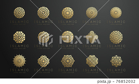 Gold islamic logo set on dark background. Ramadan kareem vector pattern. Round shape logo design. Islamic circle logo simple pattern. Arabic vector 3d emblem. Gold islamic logo set on dark background. Ramadan kareem vector pattern. Round shape logo design. Islamic circle logo simple pattern. Arabic vector 3d emblem. 76852032
