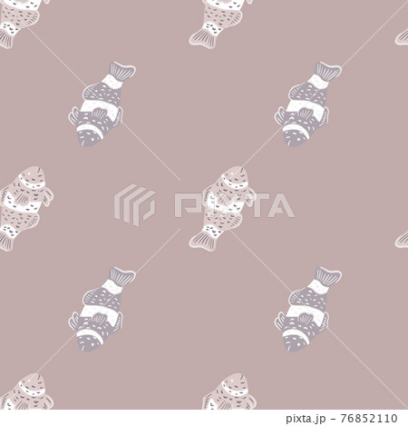 Minimalistic seamless pattern with hand drawn clow fish silhouettes print. Lilac pale background. 76852110