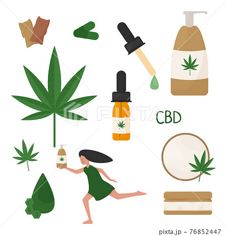 CBD products set in flat style. Cosmetics with cannabis. Cannabidiol lotion, cream and shampoo CBD products set in flat style. Cosmetics with cannabis. Cannabidiol lotion, cream and shampoo 76852447