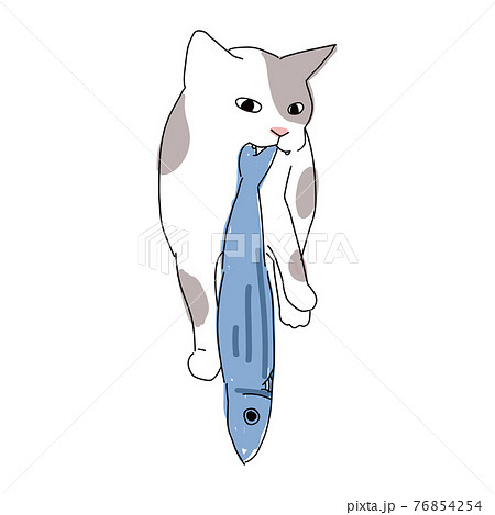 魚をくわえて歩いている猫の全身イラストのイラスト素材