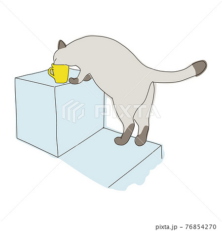 マグカップから水を飲んでいるシャム猫の全身イラストのイラスト素材