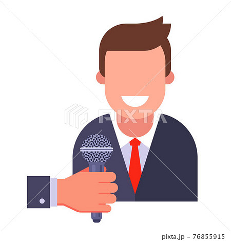 a reporter holds a microphone and interviews a person. 76855915