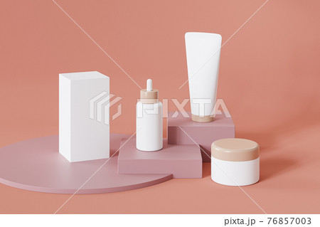 Mockup bottle, tube, jar and package box for cosmetics products, template or advertising, orange background, 3d illustration render Mockup bottle, tube, jar and package box for cosmetics products, template or advertising, orange background, 3d illustration render 76857003