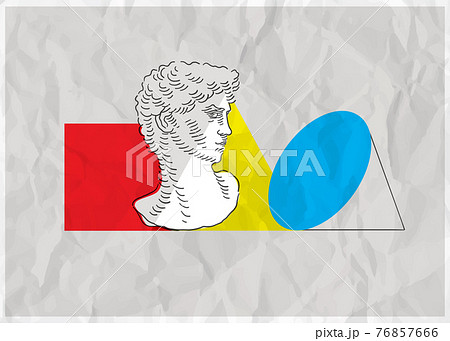 Abstract Still life Art Poster. Geometric color solid figures and David's head bust composition. On paper effect background. Abstract Art design poster 76857666