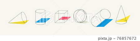 Compositions of wireframe solid shapes and color geometric figures. Abstract art background. 76857672