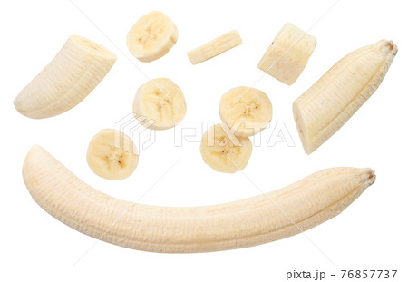 Set of bananas whole and sliced on a white background. Isolated 76857737