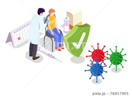 Covid coronavirus vaccination concept vector illustration isometric style. Covid-19 vaccine. Doctor makes an injection of flu vaccine to kid in hospital. People immunity and virus protection Covid coronavirus vaccination concept vector illustration isometric style. Covid-19 vaccine. Doctor makes an injection of flu vaccine to kid in hospital. People immunity and virus protection 76857905
