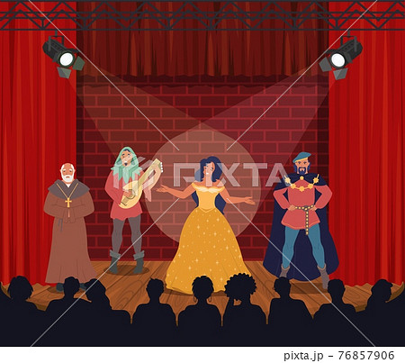 Theatrical performance. Actors performing on stage, vector illustration. Comedy, drama. Entertainment. Theatre arts. Theatrical performance. Actors performing on stage, vector illustration. Comedy, drama. Entertainment. Theatre arts. 76857906