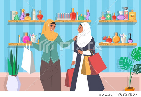 Muslim girls in perfume store, flat vector illustration. Arab women in traditional clothing and hijab with shopping bags 76857907