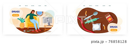 Drugs landing page design, website banner vector template set. Woman heroin addict sitting in armchair. Drug addiction. 76858128