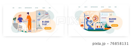 Blood test landing page design, website banner vector template set. Medical professional drawing blood from patient vein 76858131