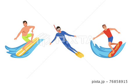 Water Sports Set, Young Men Riding with Surfboard, Diving with Scuba Diving Mask Cartoon Vector Illustration Water Sports Set, Young Men Riding with Surfboard, Diving with Scuba Diving Mask Cartoon Vector Illustration 76858915