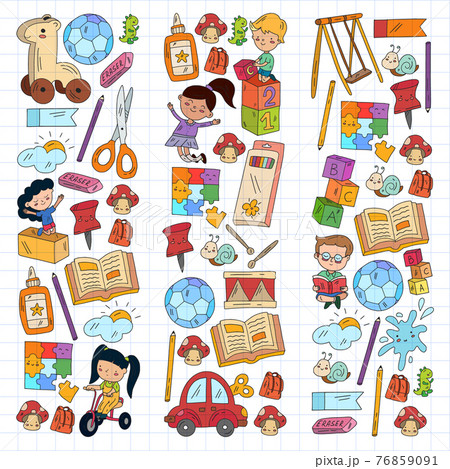 Kindergarten pattern with little children and toys. Creativity and imagination. Kindergarten pattern with little children and toys. Creativity and imagination. 76859091