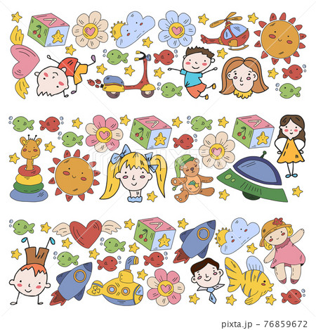 Vector pattern with boys and girls. Kindergarten and toys. Happy childhood and creativity with imagitanion. 76859672