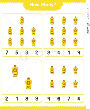 Counting game, how many Sunscreen. Educational children game, printable worksheet, vector illustration 76862307