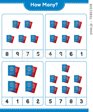 Counting game, how many Passport. Educational children game, printable worksheet, vector illustration 76862308