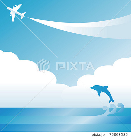 夏 海 波 青空 飛行機 イルカ コピースペース 背景 イラスト素材のイラスト素材