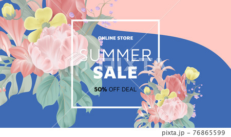 Floral summer sale banner template design, bouquets of various flowers and leaves 76865599