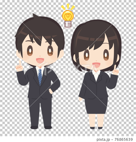指差しポーズでひらめくビジネススーツ姿の男女のイラスト素材