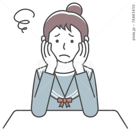 頬杖をついて悩む・考え込む　若い女性・学生・高校生 上半身 ベクターイラスト 76865650