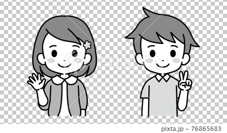 女孩和男孩單調黑白插圖素材 女孩和男孩單調黑白插圖素材 76865683