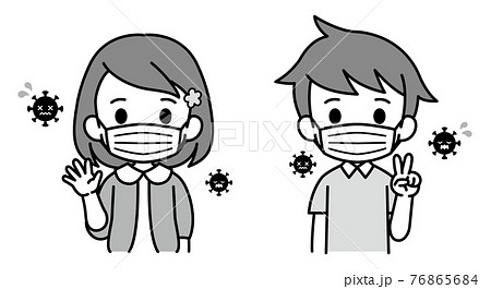 マスクをつけた女の子と男の子 モノトーン 白黒 イラスト素材のイラスト素材