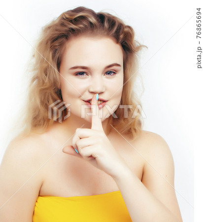 oung pretty blond girl posing happy smiling on white background isolated, lifestyle people concept 76865694