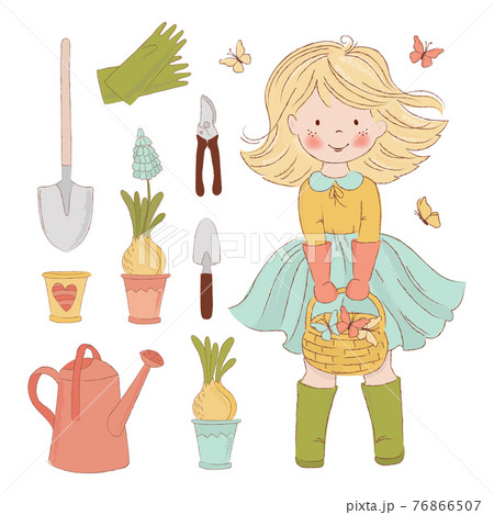 GARDENING JOY Spring Season Girl Care Accessories Holiday Cartoon Hand Drawn Vector Illustration Clip Art Set For Print 76866507