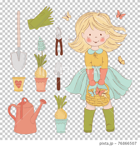 GARDENING JOY Spring Season Girl Care Accessories Holiday Cartoon Hand Drawn Vector Illustration Clip Art Set For Print 76866507