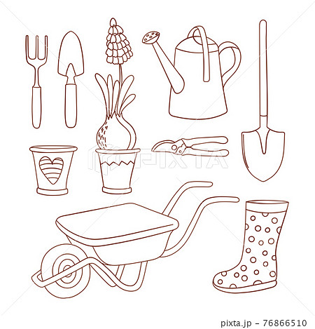 GARDENING CARES Spring Season Monochrome Farm Work Details Cartoon Vector Illustration Set For Print 76866510