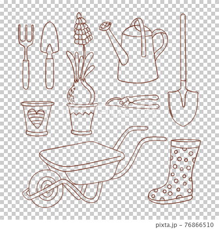 GARDENING CARES Spring Season Monochrome Farm Work Details Cartoon Vector Illustration Set For Print 76866510