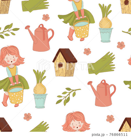GARDENING Spring Season Nature Garden Girl Work Holiday Cartoon Hand Drawn Seamless Pattern Vector Illustration For Print 76866511