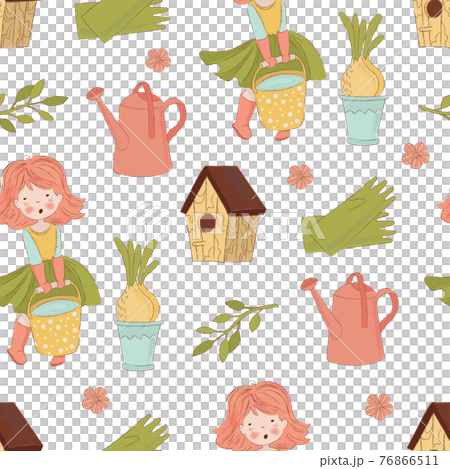 GARDENING Spring Season Nature Garden Girl Work Holiday Cartoon Hand Drawn Seamless Pattern Vector Illustration For Print 76866511